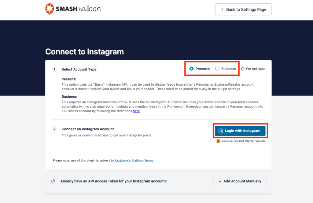 Instagramアカウントの種類を選択する