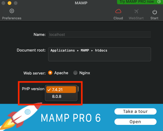 MAMPでPHPバージョンを選択する