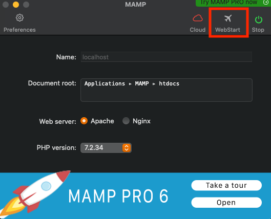 MAMPのスタートページを開く