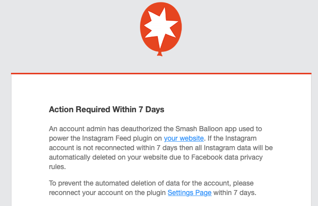 Smash Balloon Social Photo Feedの実際のエラー通知