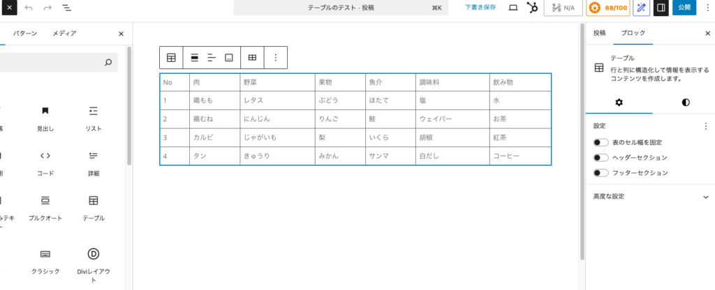 WordPreeテーブルブロックで作成した表