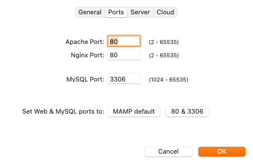 MAMPのPreferencesよりPortを設定